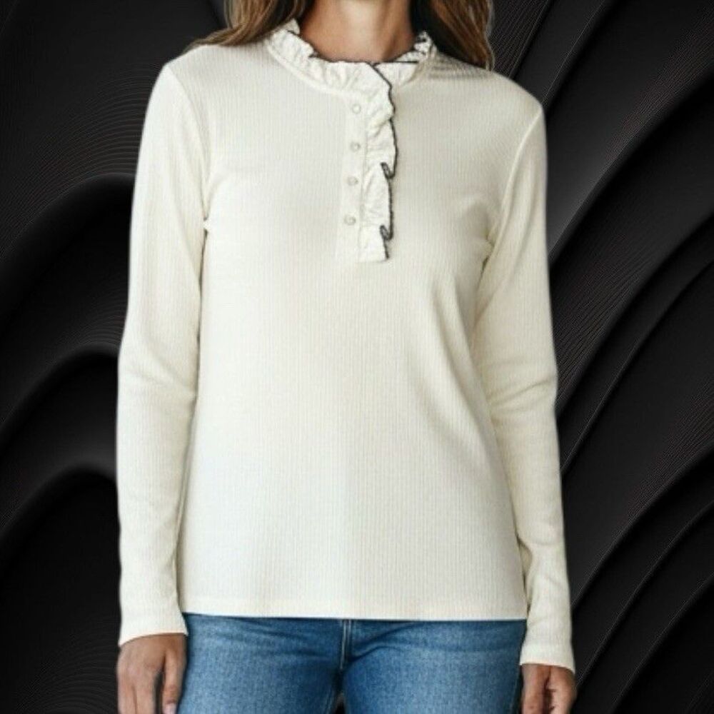 Crown & Ivy Pullover Top Rhinestone Lined Ruffle Neck Ivory Sweater